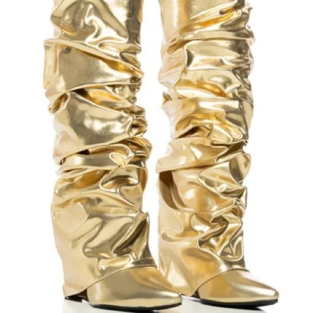 Metallic Gold Ruched Wedge Heel Boots Size 10